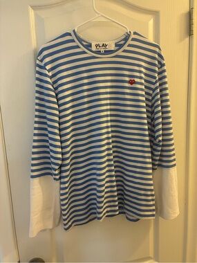Comme des Garcons PLAY Blue and White Striped Long Sleeve Top with Red Heart